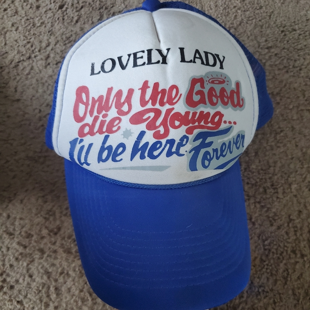 Blue graphic lovely lady trucker hat